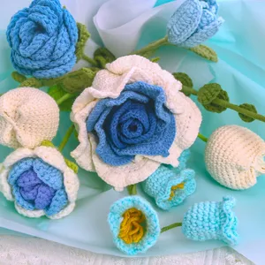 Handmade crochet flower bouquet knit wool roses blue white gift for home festival