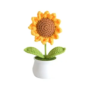 Handmade crochet sunflower potted plant, mini knitted flower home decor tabletop ornament.