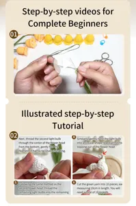 Step-by-step crochet tutorial detail view showing DIY lily flower making process and steps.