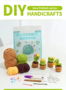 Kit de ganchillo DIY para cactus en maceta con hilo de colores, ganchos y mini plantas.
