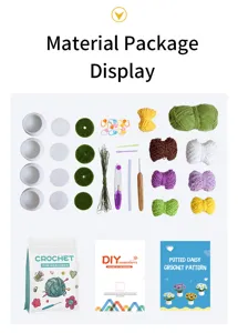DIY crochet material package for beginners, includes colorful yarn, pots, and tools.
