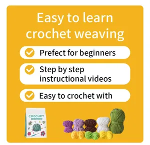 Beginner crochet kit with colorful yarn balls and step-by-step DIY crafting guides.