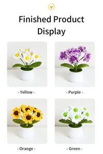 Handmade crochet daisy potted plant detail showing colorful finished product variants clearly.