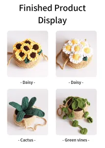 Handmade crochet plant pot bag DIY craft showcase featuring various floral and green vine designs.
