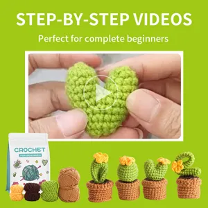 Kit de ganchillo para principiantes con ovillos de lana y bonitas plantas de cactus en maceta DIY.