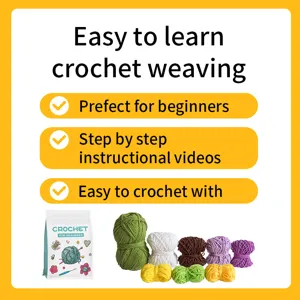Beginner crochet weaving material kit with colorful yarn balls and step-by-step instructions.
