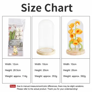 Size chart for DIY crochet lily of the valley night light material package and display.