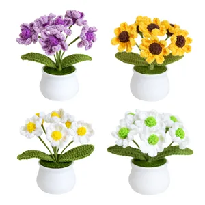 Handcrafted crochet potted flowers set, handmade sunflower and daisy mini plants for home room decor.