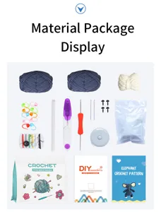 DIY crochet material kit components display with yarn, hooks, and pattern card for beginners.