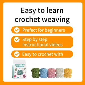 Kit per uncinetto per principianti con gomitoli di lana colorati e video didattici semplici.