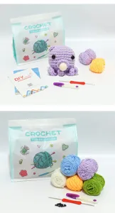 Anfänger Häkelset mit bunten Garnknäueln, Nadeln und Anleitung für süße DIY Puppen.