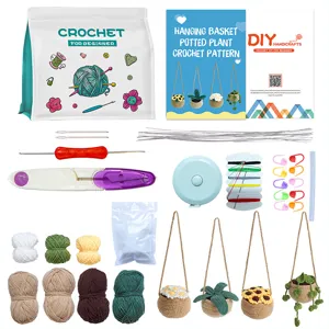 Beginner crochet kit for DIY hanging basket potted plants with full tools and yarns.