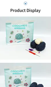 Beginner crochet kit with yarn balls and hooks in packaging bag for handmade DIY crafts.