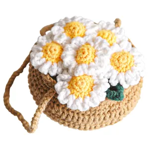 Handcrafted crochet daisy woven bag round straw basket cute floral crossbody bag for women