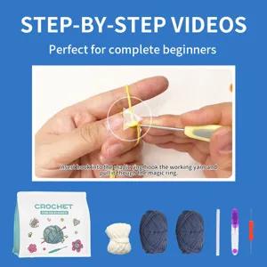 Beginner crochet kit with yarn balls, hooks, tools and step by step video guide for handmade craft
