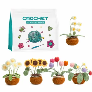 Kit βελονάκι DIY με νήμα, συσκευασία και διάφορα φυτά σε γλάστρα για χειροτεχνίες.