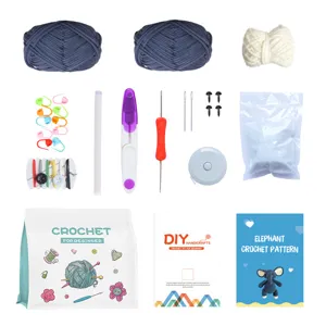 Beginner crochet kit with yarn, hooks, stuffing and pattern guide for easy DIY handicraft projects.