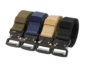 Close-up details of tactical nylon belts featuring heavy-duty quick-release metal buckles.