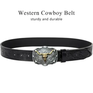 Detailed view of a men's western cowboy belt with bull skull buckle and embossed leather strap.