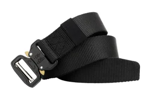 Black tactical belt for men, heavy-duty nylon webbing with quick-release metal buckle.