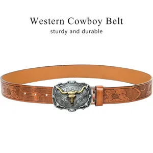 Western cowboy style belt detail showing embossed leather strap and metal bull skull buckle.
