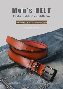 Men casual leather belt detail showcasing premium cowhide material and stylish metal pin buckle.