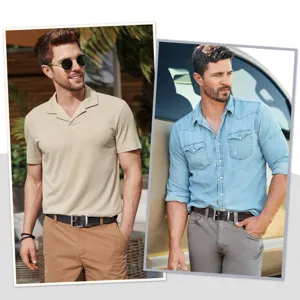 Vue de détail de la ceinture pour homme portée avec une tenue décontractée en extérieur.