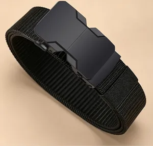 Detailed view of black tactical belt with durable woven nylon strap and alloy buckle close-up