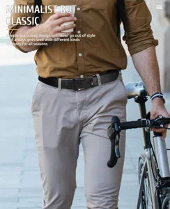 Detail shot of a stylish men's casual leather belt worn with trousers outdoors.
