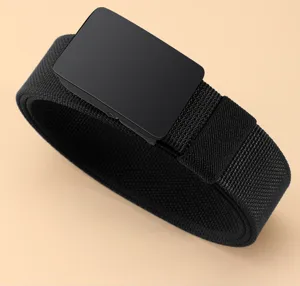 Close-up detail of black tactical elastic belt with matte metal buckle, sturdy casual design.