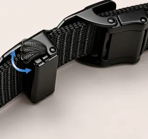 Detailed view of the tactical belt buckle, featuring a durable metal clasp and elastic nylon webbing.