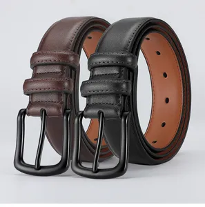 Men's leather belt with black pin buckle, classic vintage casual pants belt in black and brown.