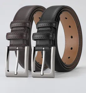 Men's casual leather belt detail showing textured strap and silver pin buckle.