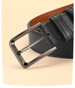 Men's genuine leather belt with sleek pin buckle, detailed close-up showing premium texture.