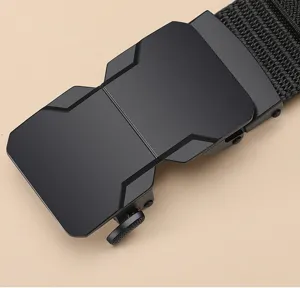 Detailed view of black tactical belt with durable alloy buckle and strong woven strap design