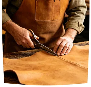 Leather crafting detail shot showcasing artisan cutting genuine leather on workbench with scissors.