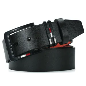 Men's black leather pin buckle belt with red white metal loop detail and textured finish