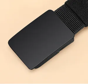 Close-up of black tactical belt metal quick-release buckle and elastic woven strap detail.