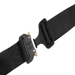 Black tactical nylon belt with metal quick-release buckle for outdoor training use.