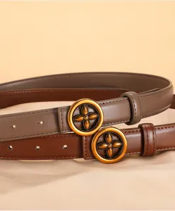 Women's genuine leather belt with elegant metal clover buckle fashion dress accessory