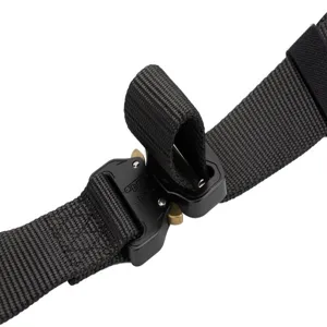 Close-up detail of black tactical belt with metal quick-release buckle and nylon webbing.
