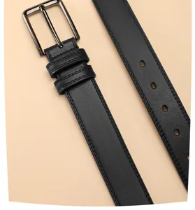 Detailed view of men's black leather belt with metal pin buckle and dual loops closeup.