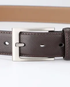 Close-up view of a brown textured leather belt featuring a durable silver metal pin buckle.