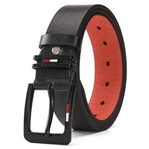 Men's black leather belt detail, featuring a stylish pin buckle and contrast red interior.