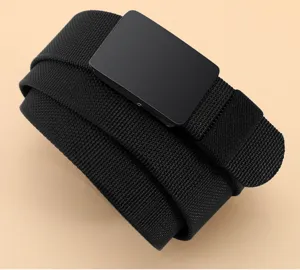 Close-up detail of a durable black tactical canvas belt with a solid metal quick-release buckle.