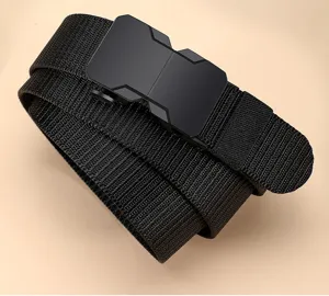 Men black tactical belt with durable woven nylon strap and alloy buckle for outdoor wear.