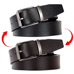 Ceinture réversible en cuir pour homme avec boucle rotative, design élégant noir et marron.
