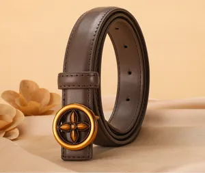 Women genuine leather belt vintage brown waist belt with elegant gold floral buckle accessories