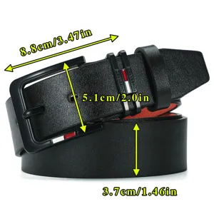 Men's leather belt with pin buckle, classic black casual waist belt with stylish design.