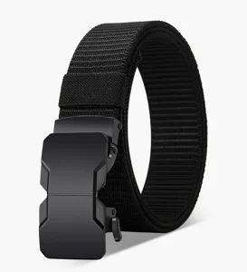 Men tactical belt detail view showing durable black nylon webbing and sturdy alloy buckle for use.